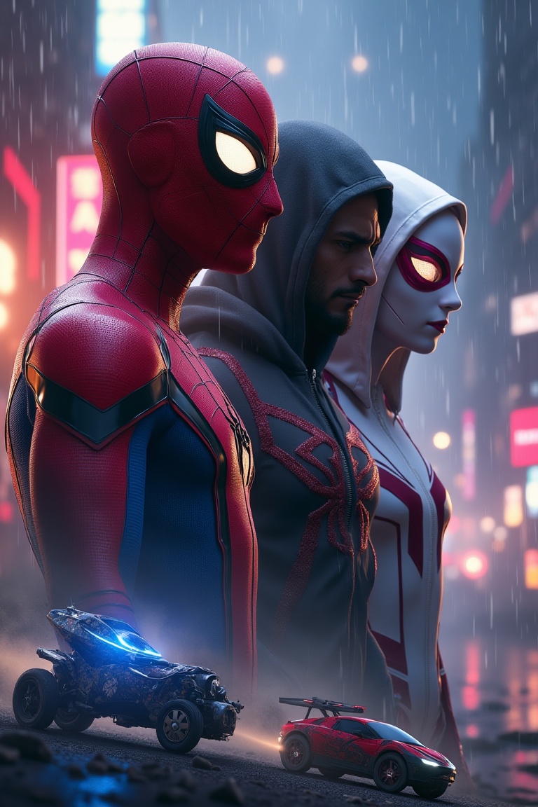 cinematic half-body close-up of Spider-Man in red-blue suit,  Miles Morales in black-red hoodie suit,  and Spider-Gwen in...