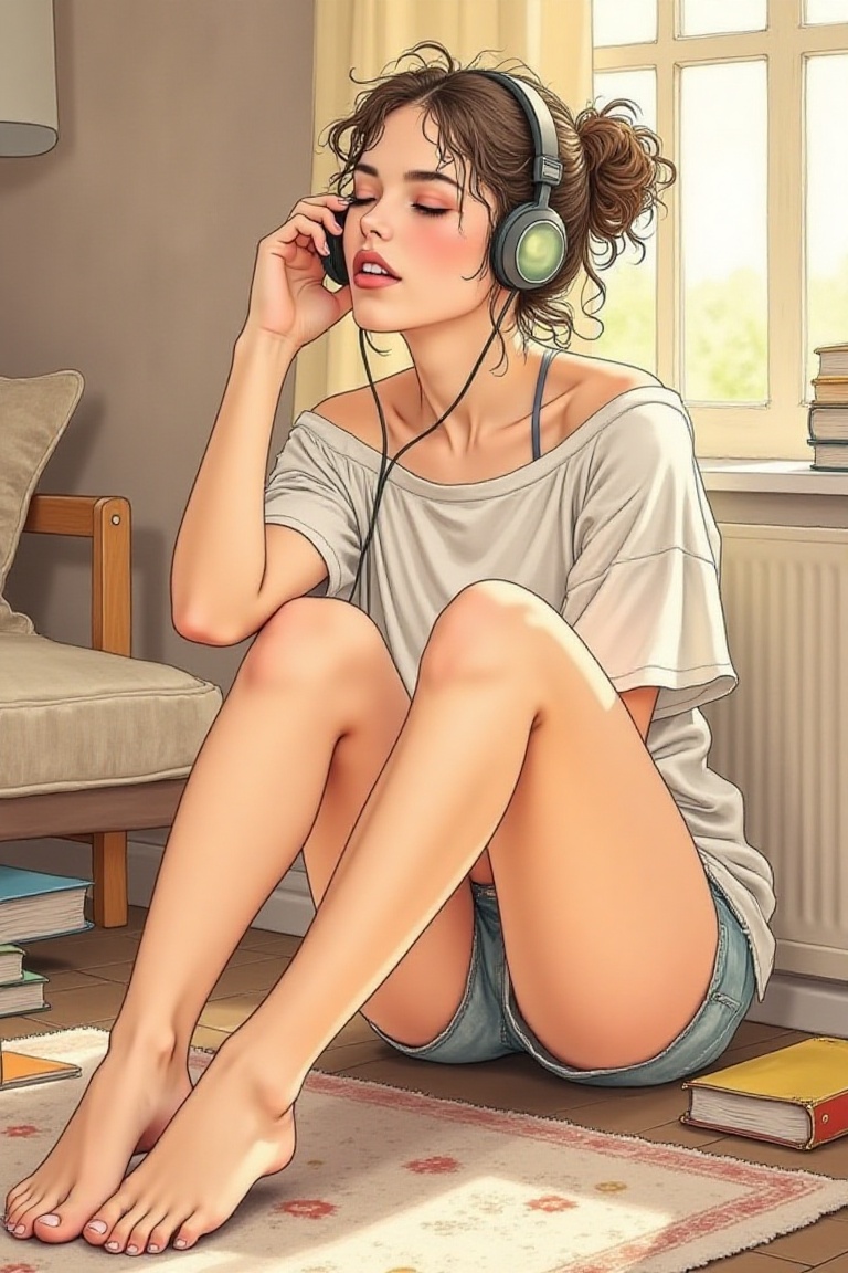 young woman sitting on the floor with her legs casually crossed,  wearing a loose off-shoulder T-shirt and short cotton sh...