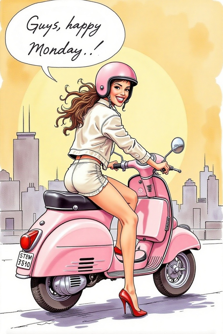 a woman riding a pink scooter,  side profile view,  wearing a glossy helmet with long hair flowing dramatically behind her...