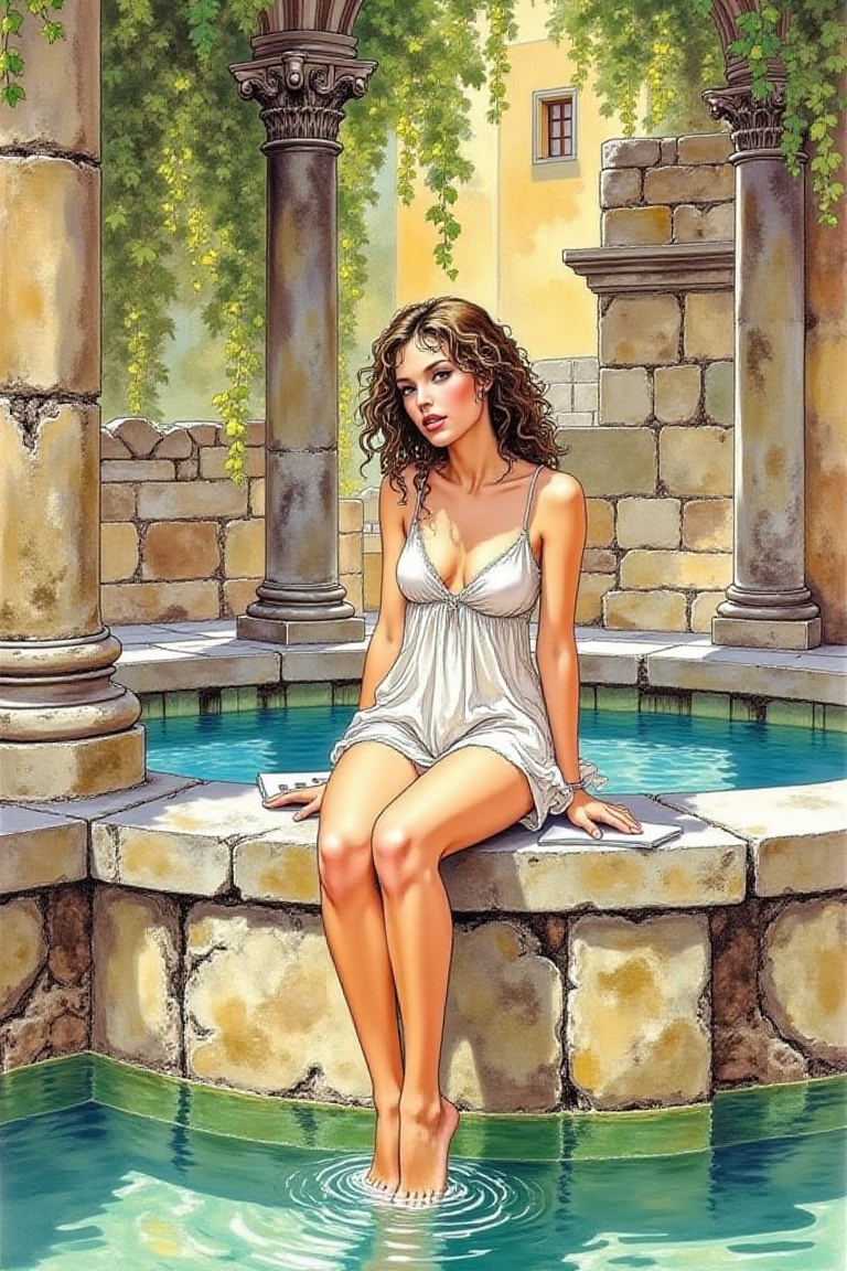 woman seated on the stone edge of an ancient fountain in a Mediterranean ruin,  feet lightly dipped into the water,  weari...