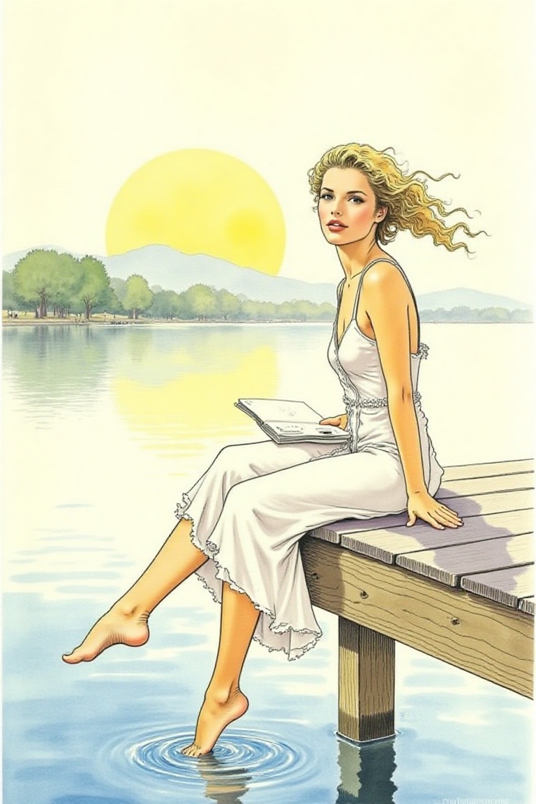 woman sitting at the edge of a wooden pier over a calm lake,  dipping her bare feet into the water,  wearing a light summe...