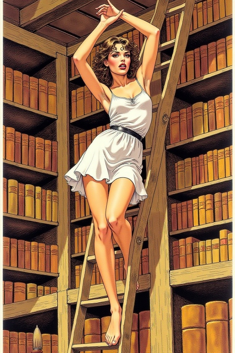 woman standing on a tall wooden ladder in an old library,  reaching up toward a high bookshelf,  wearing a short strap dre...