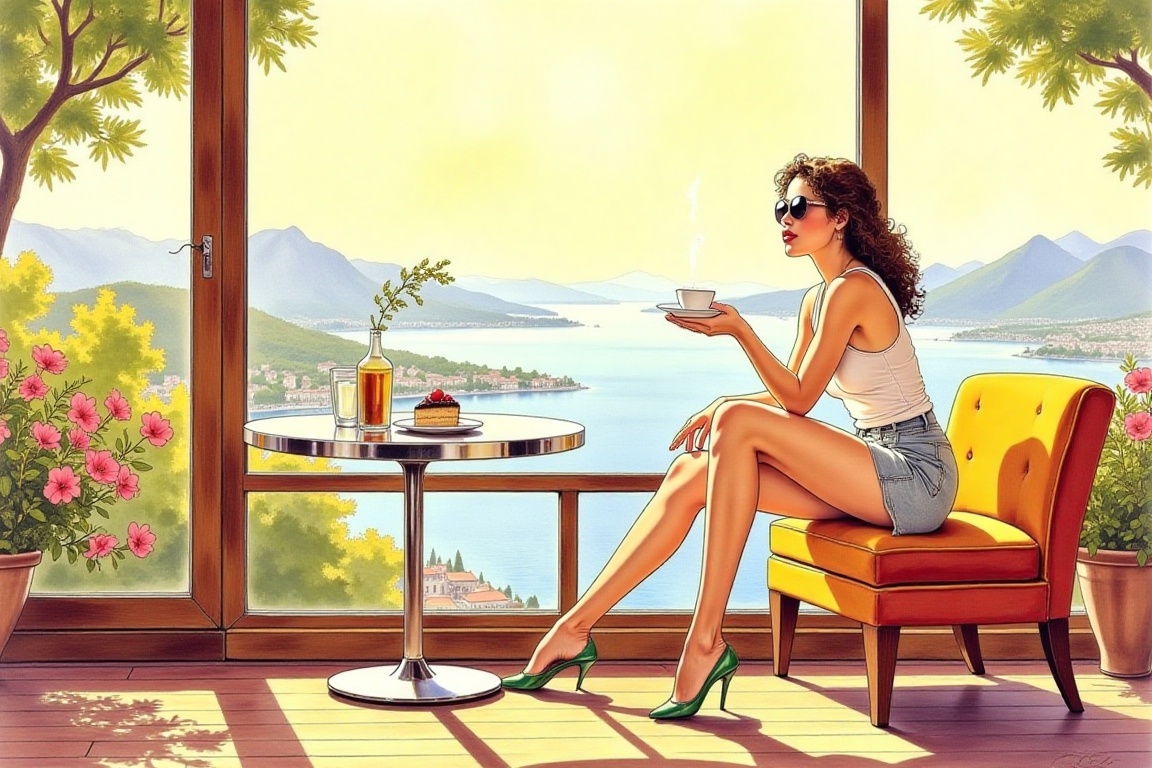 woman seated alone in a luxurious,  cozy café near a large window,  wearing a short soft skirt and a **** top shirt on Ten...