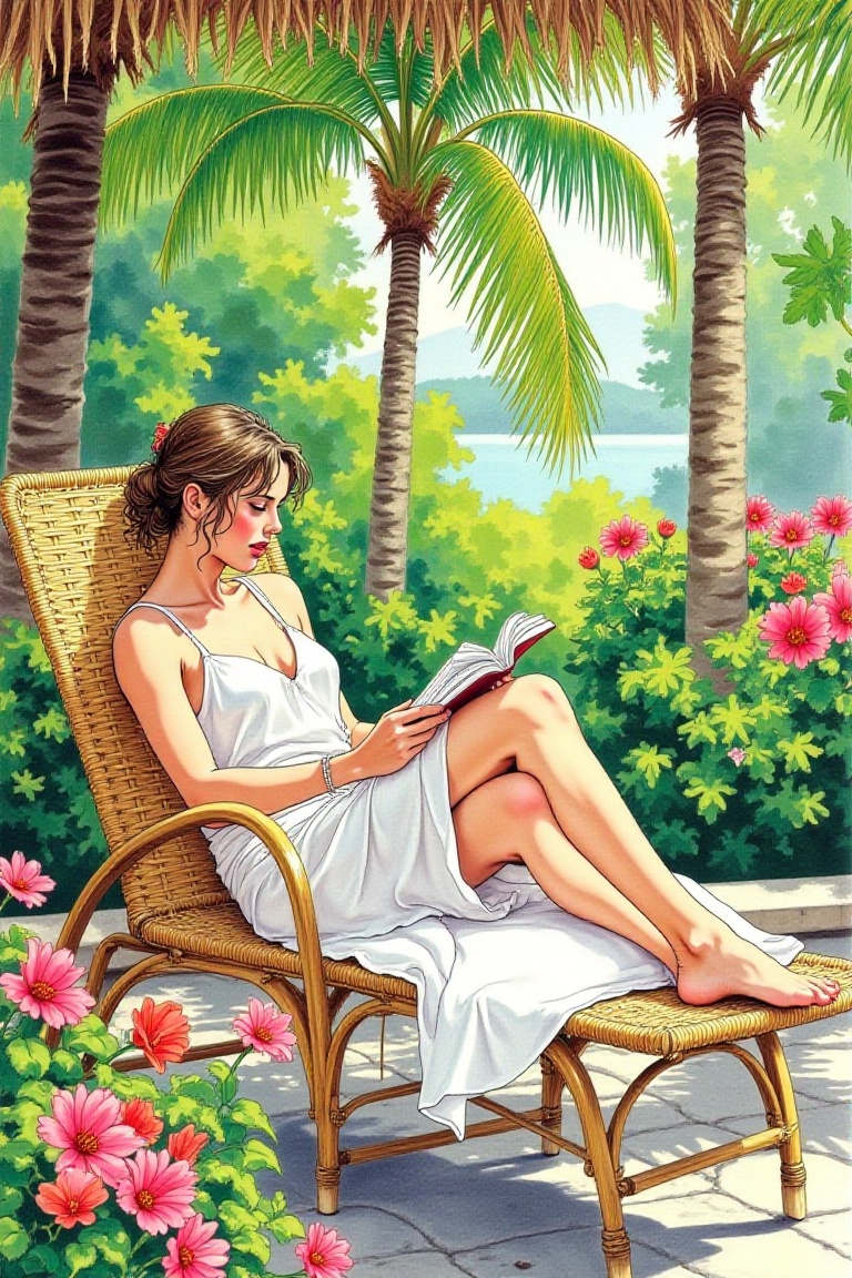 woman reclining on a rattan lounge chair beneath a palm canopy in a tropical garden,  reading a book peacefully,  wearing...