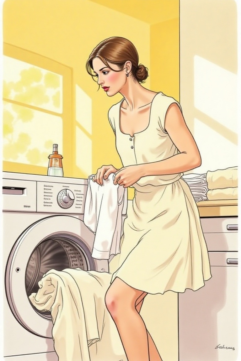 woman leaning slightly forward as she removes clothes from a front-loading washing machine,  dressed in a light homewear d...