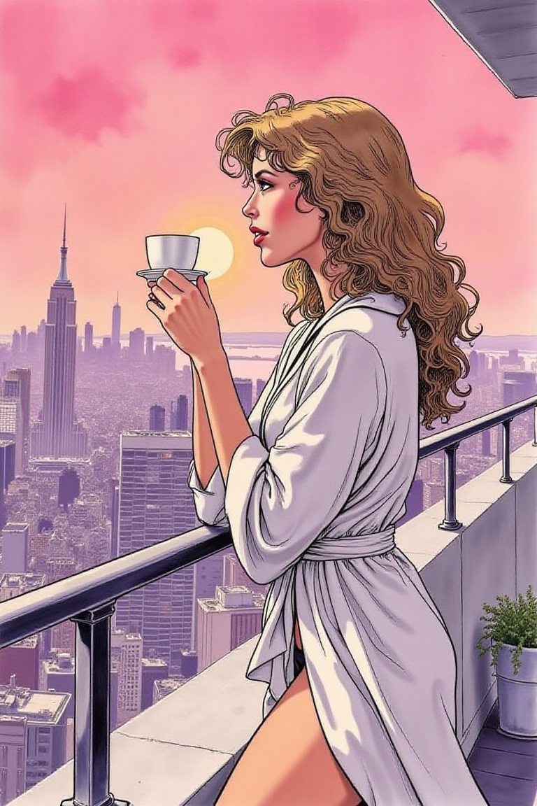 woman standing on a high-rise hotel balcony at dawn,  holding a coffee cup in one hand,  wrapped in a silky robe on Tensor...