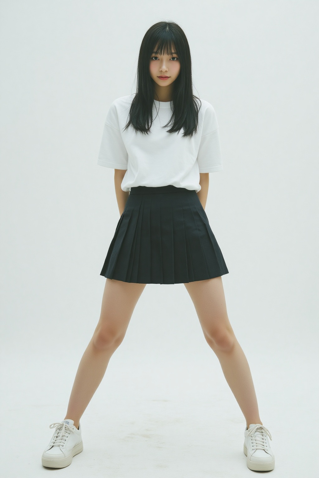 midjourney analog photograph. Very slender Japanese young woman wearing pleated mini skirt,  white t-shirt,  standing with...