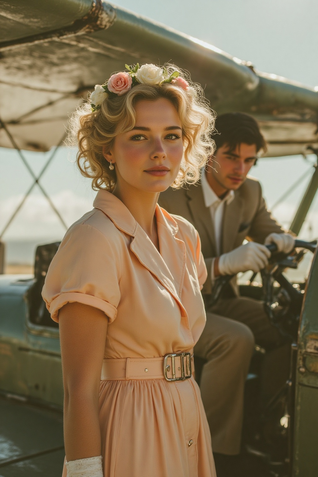 midjourney analog photograph. A romantic scene of a couple on a vintage biplane. The woman,  in the foreground,  is a styl...