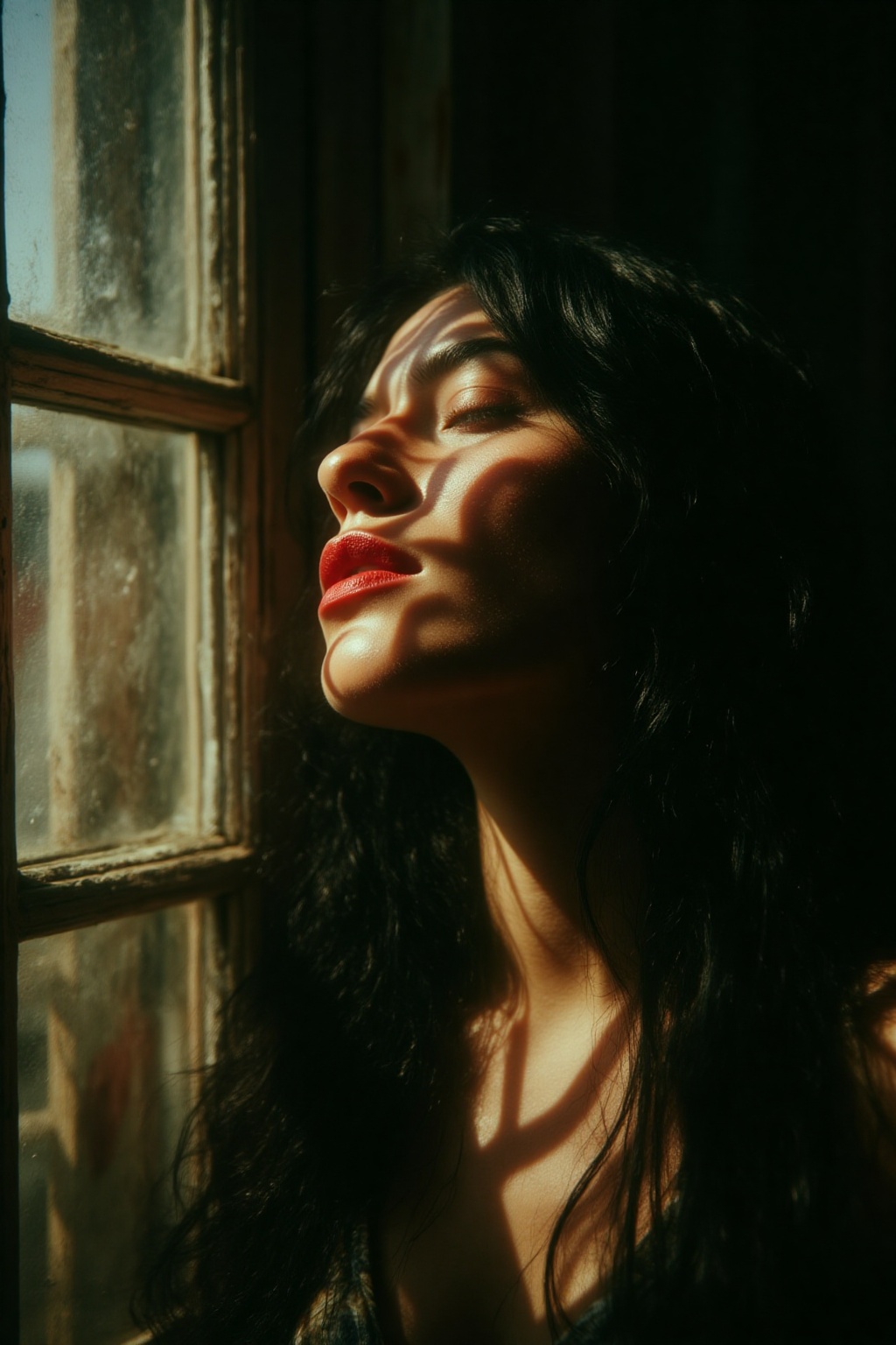 midjourney analog photograph. A close-up of a woman's profile,  her face tilted upwards with eyes closed,  bathed in dappl...