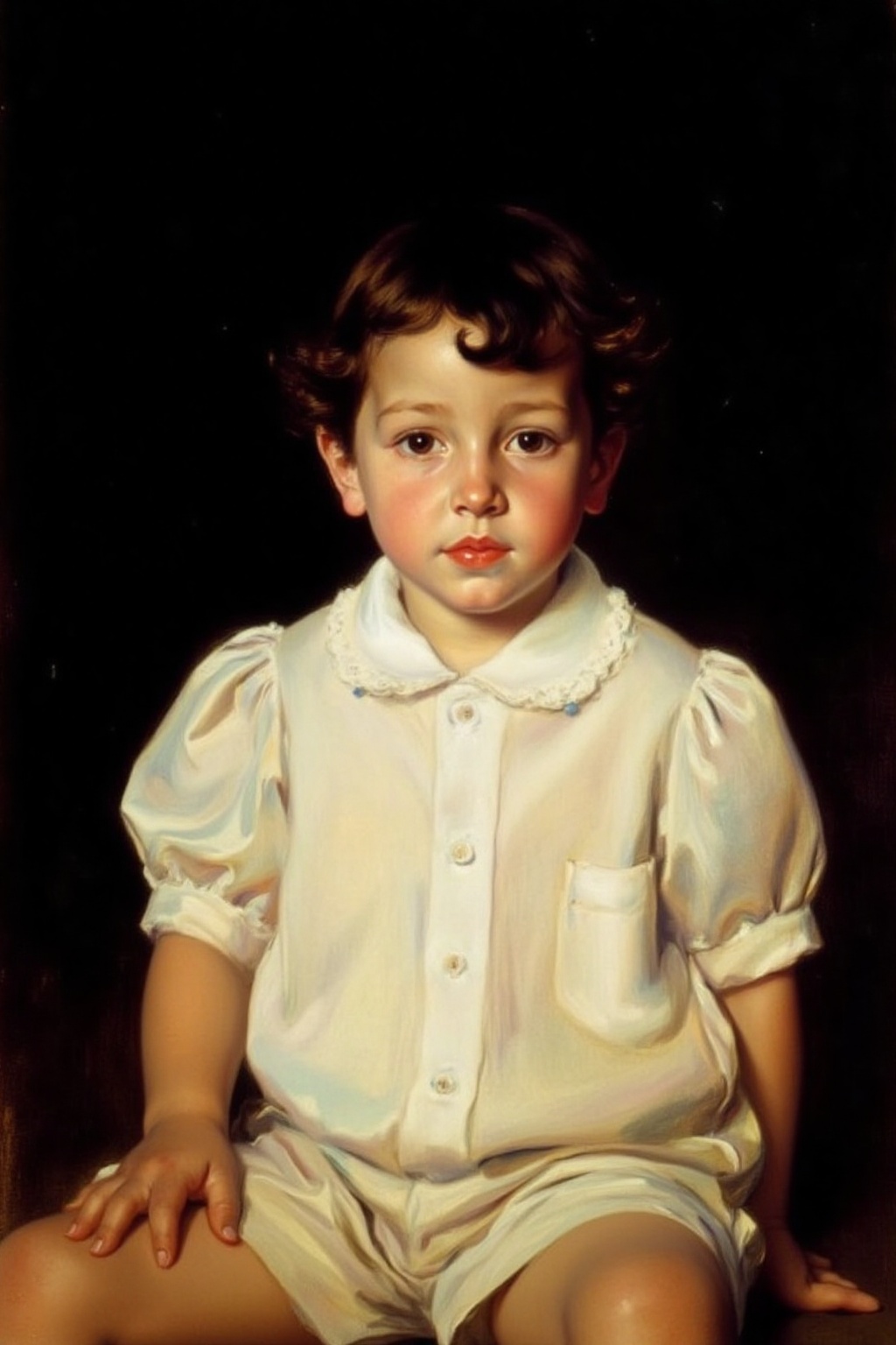 joaquinsorolla1 painting. A young boy with curly short hair is seated. He is looking at the viewer directly. He is dressed...
