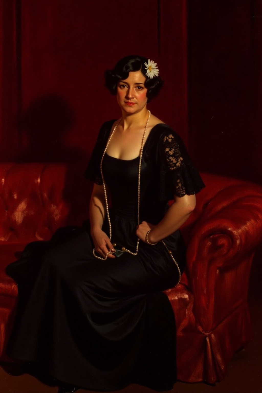 joaquinsorolla1 painting. Full body portrait of a middle-aged Spanish woman,  shown in 3/4 profile,  is seated on a red up...