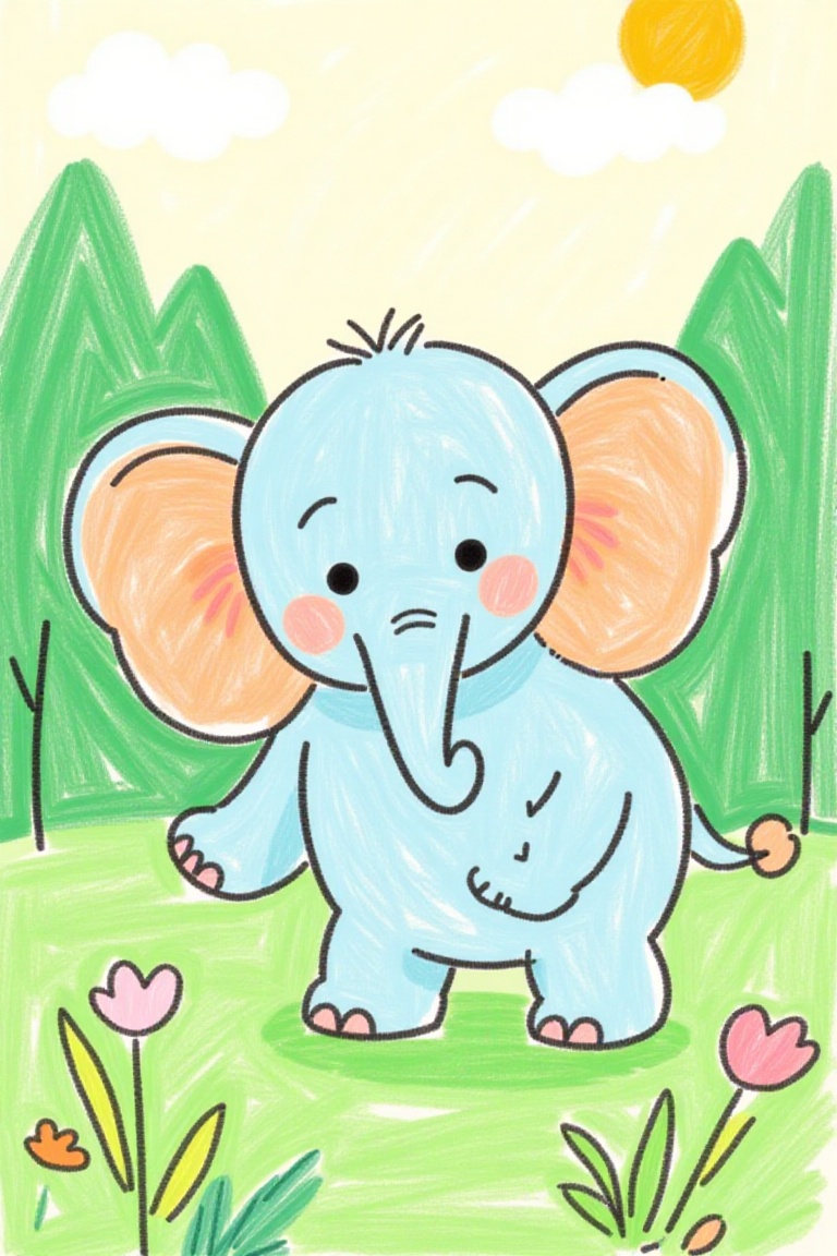 The crayon image depicts a cute cartoon elephant standing in a lush,  green forest. The elephant has large,  floppy ears w...