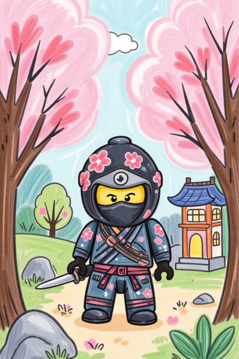 The crayon image depicts a cute cartoon LEGO-style ninja figure standing in a serene,  miniature garden setting. The ninja...