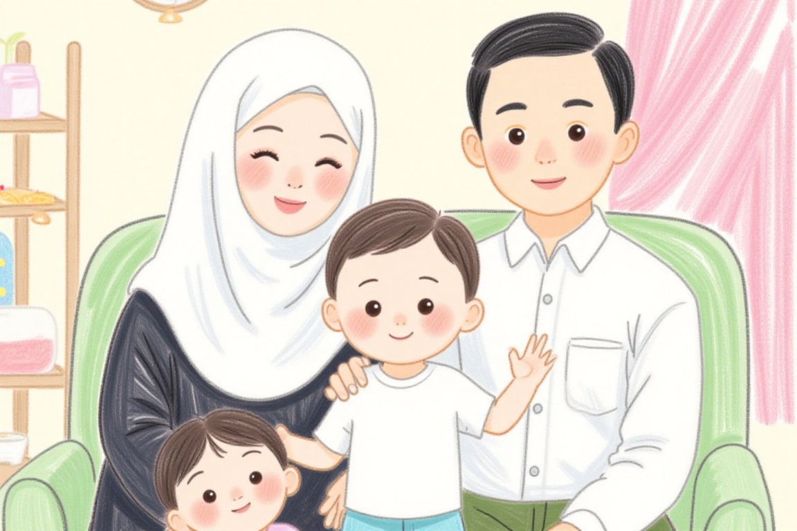The crayon image shows a cute cartoon group of four people,  two adults and two boy,  sitting closely together. The two ad...