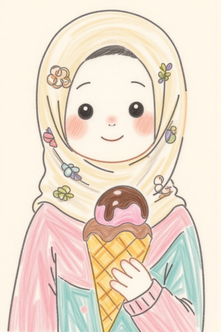 The crayon image shows a cute cartoon person wearing a hijab with a pattern of interlocking rings. The person is holding a...
