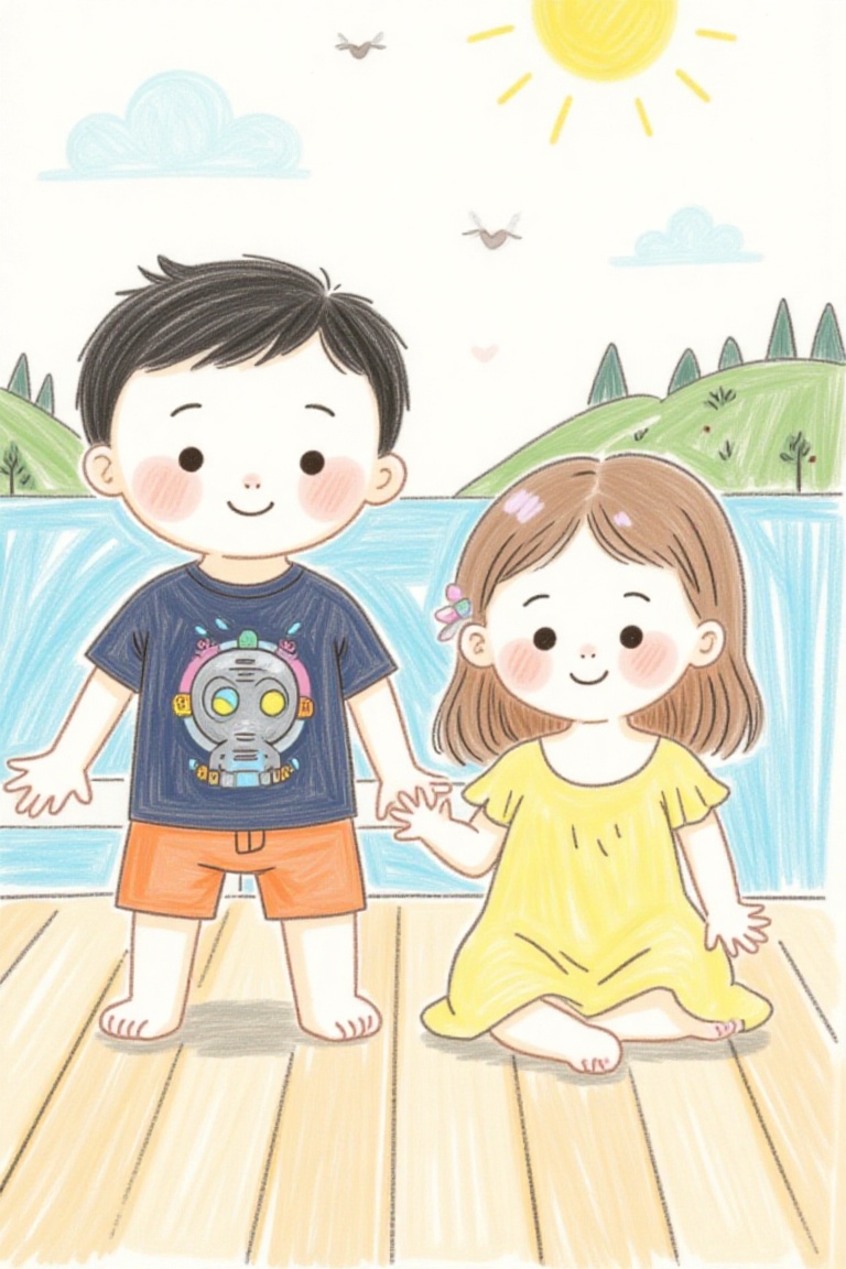 The crayon image shows two cute cartoon children sitting on a deck or platform near a body of water. The child on the left...