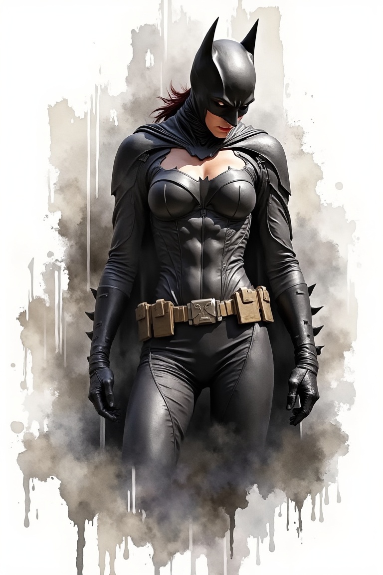 batwoman in black tactical suit,  looking down,  water ink sketch with dripping black ink on Tensor.Art