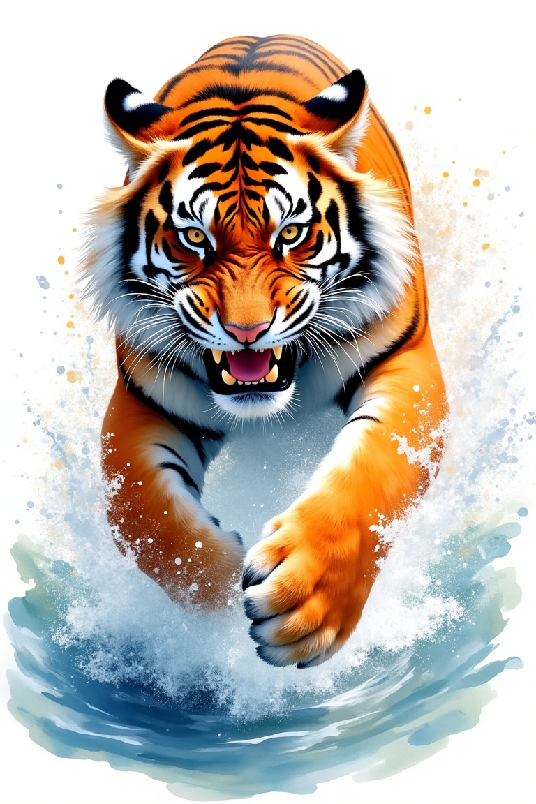 a ferocious tiger running through water,  splashing waves,  realistic fur details on Tensor.Art