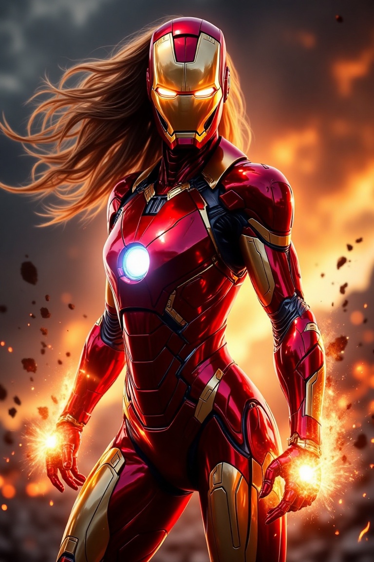 radiant-iron-style female superhero,  shiny red and gold armor,  energy blast glowing from hand on Tensor.Art