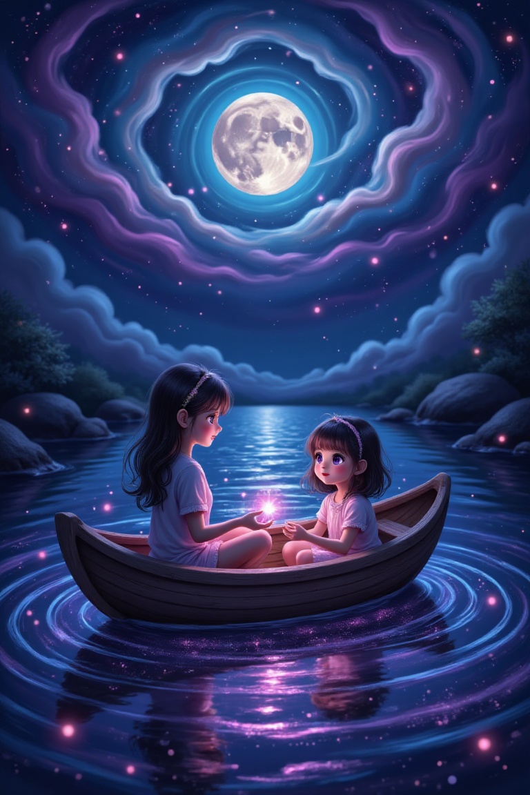 Illustration: dark night,  sparkling and iridescent river,  wooden boat in which a girl and a boy from anime with big eyes...