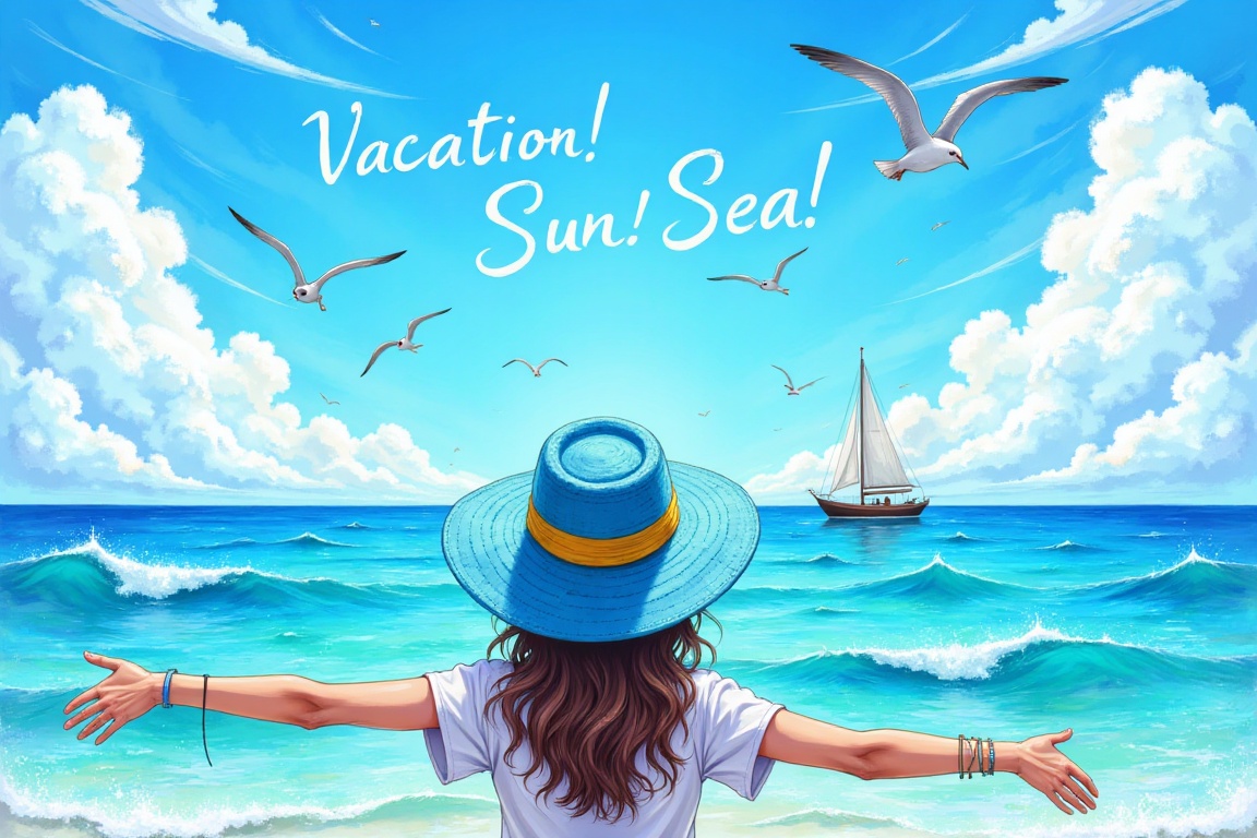 The image depicts a serene seascape with a clear blue sky and fluffy white clouds. A person wearing a blue hat with yellow...