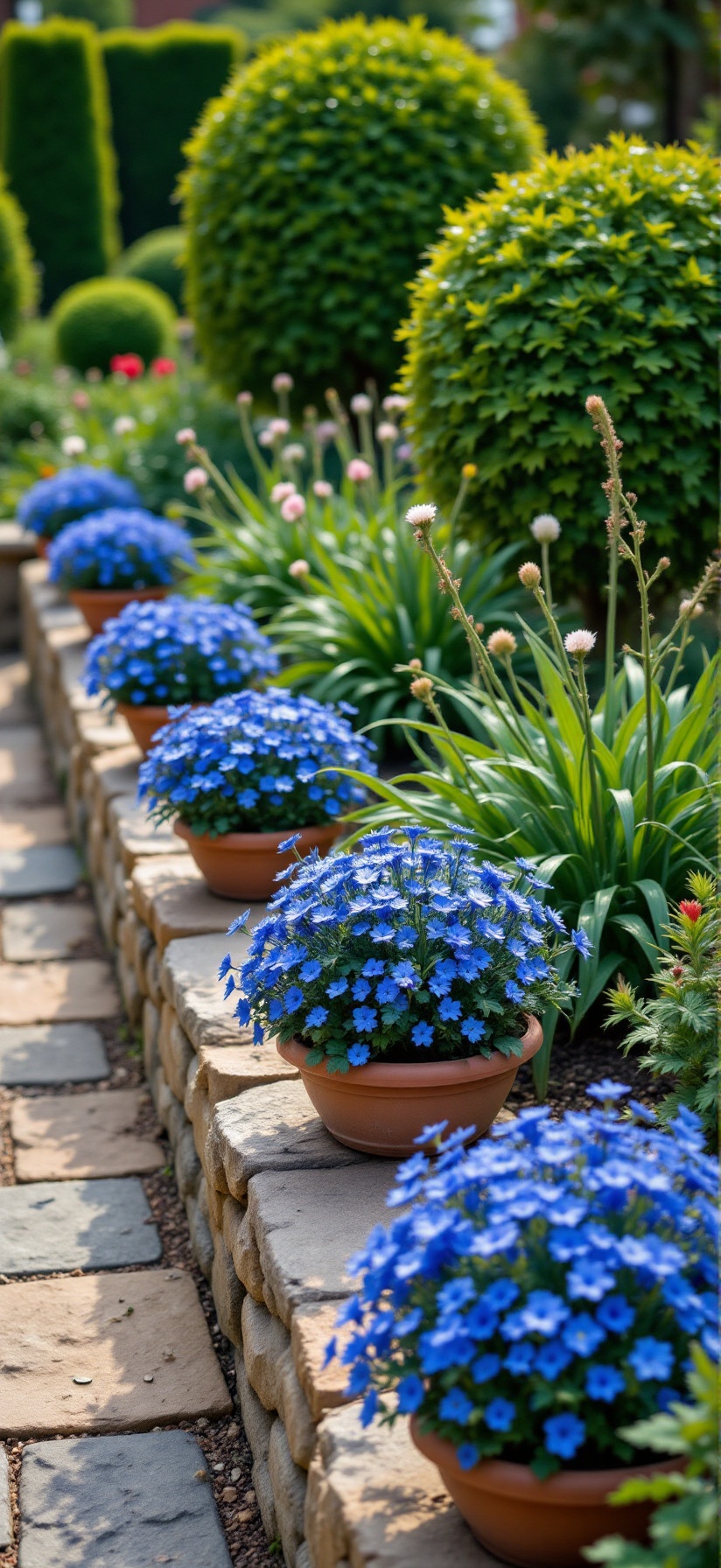 The picture shows a garden with a variety of flowers and plants. Along the natural stone stone wall,  there are several pl...