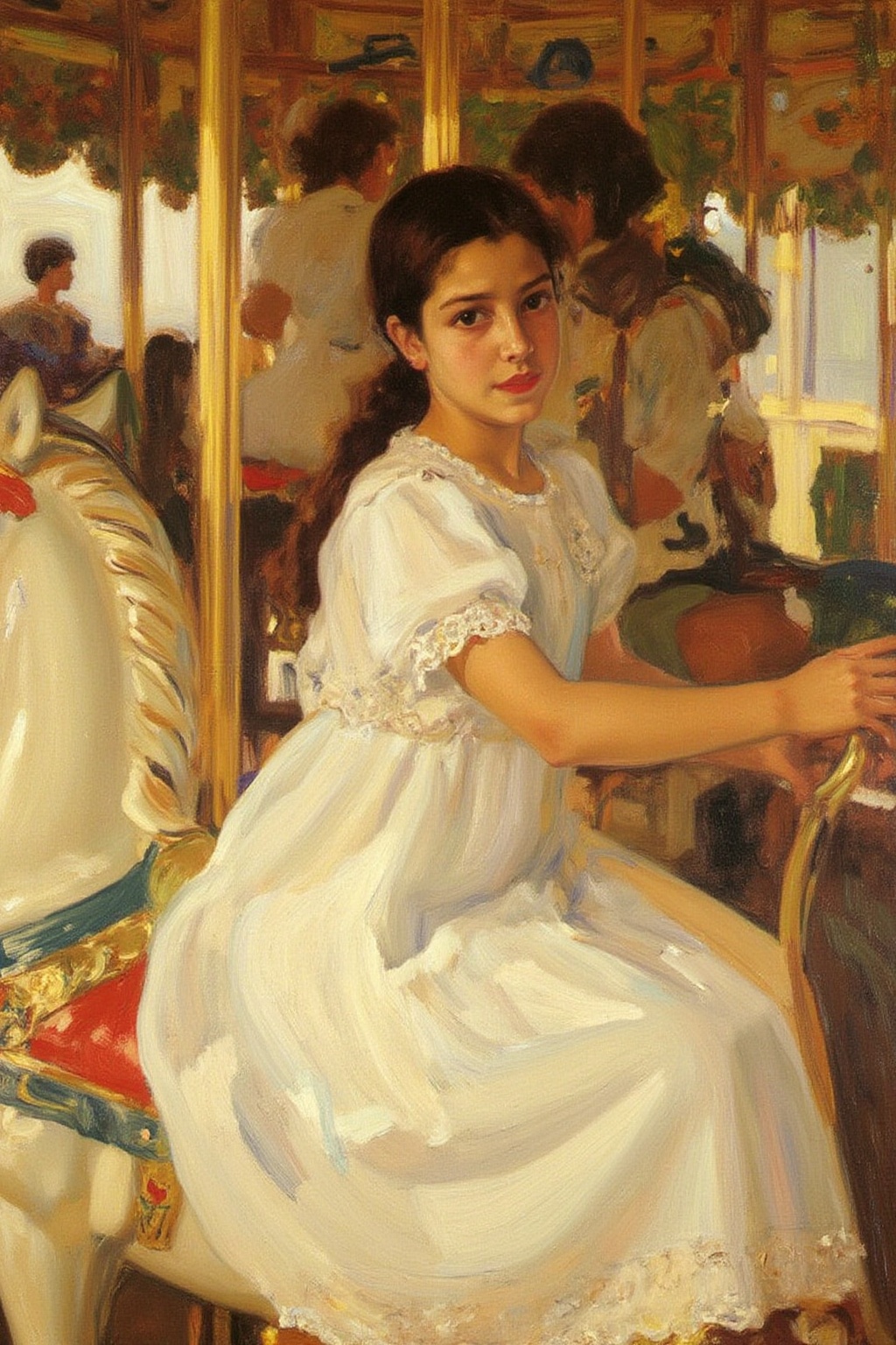 joaquinsorolla1 painting. A teenager,  shown in side profile,  sitting on a carousel horse. She is turning her head to loo...
