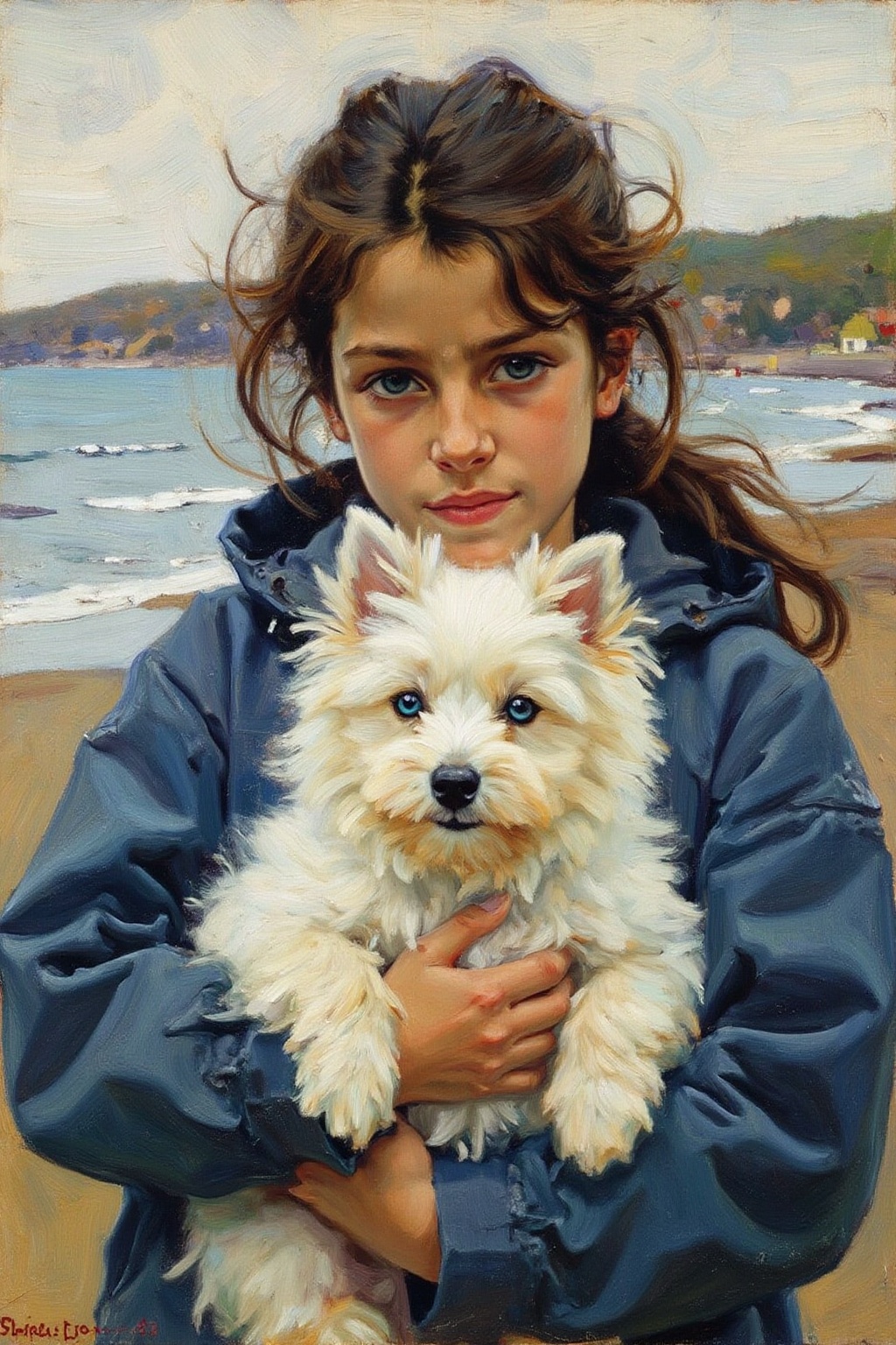joaquinsorolla1 painting. A young woman with blue eyes,  shown in 3/4 view,  is wearing a blue windbreaker and holds a flu...