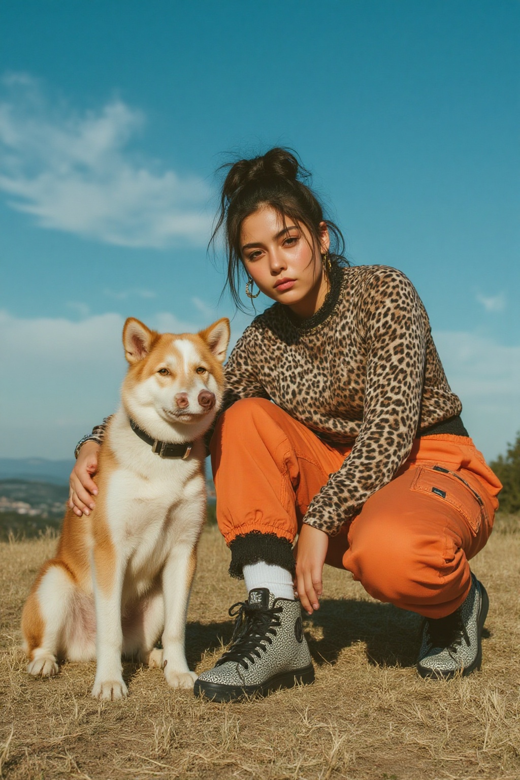 midjourney analog photograph. A young woman with dark hair tied in a bun is squatting down on dry,  golden-brown grass. Sh...
