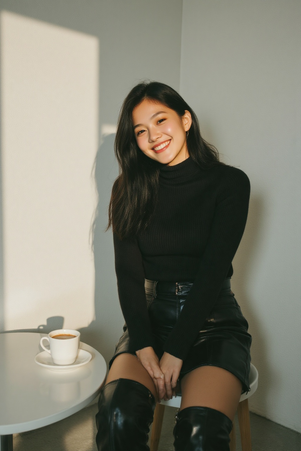 midjourney analog photograph. A young Korean woman with long,  dark hair is seated on a smooth,  white oval table on Tenso...