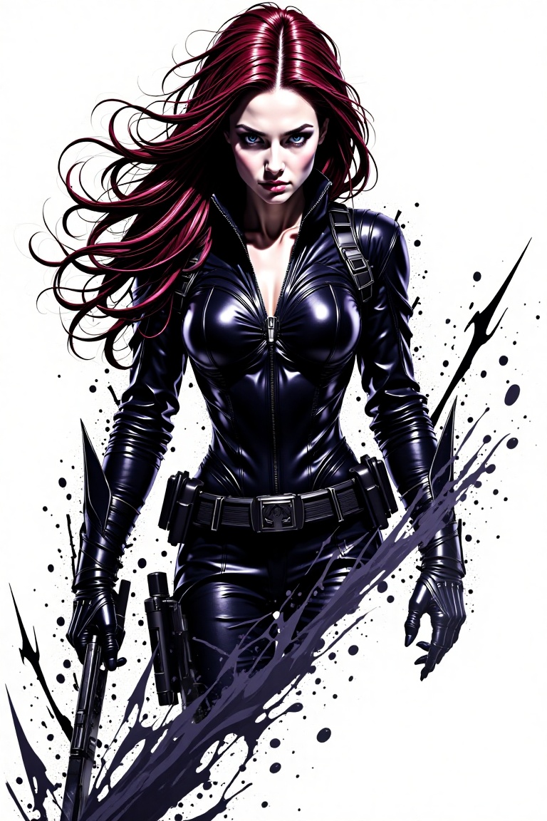 CharcoalSplashHero,  tactical female fighter in black suit with red hair as black widow,  stylized paint splashes on Tenso...