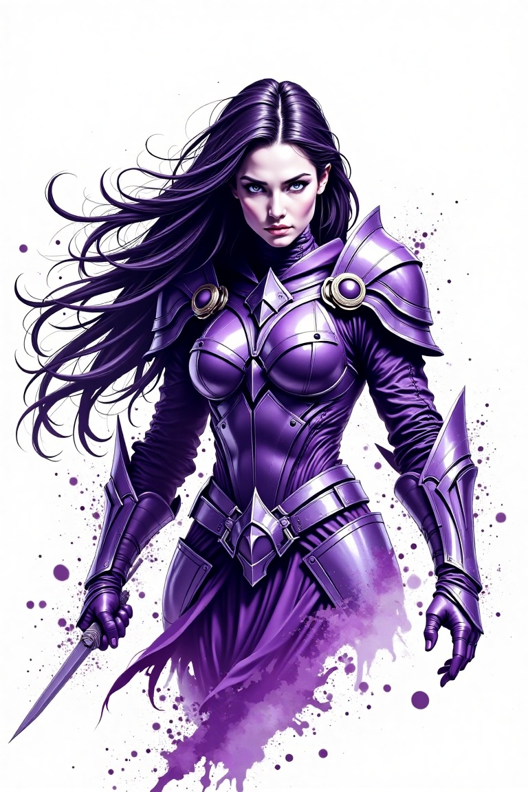 inksplashhero,  heroic female warrior with long flowing hair and armor,  staring confidently on Tensor.Art
