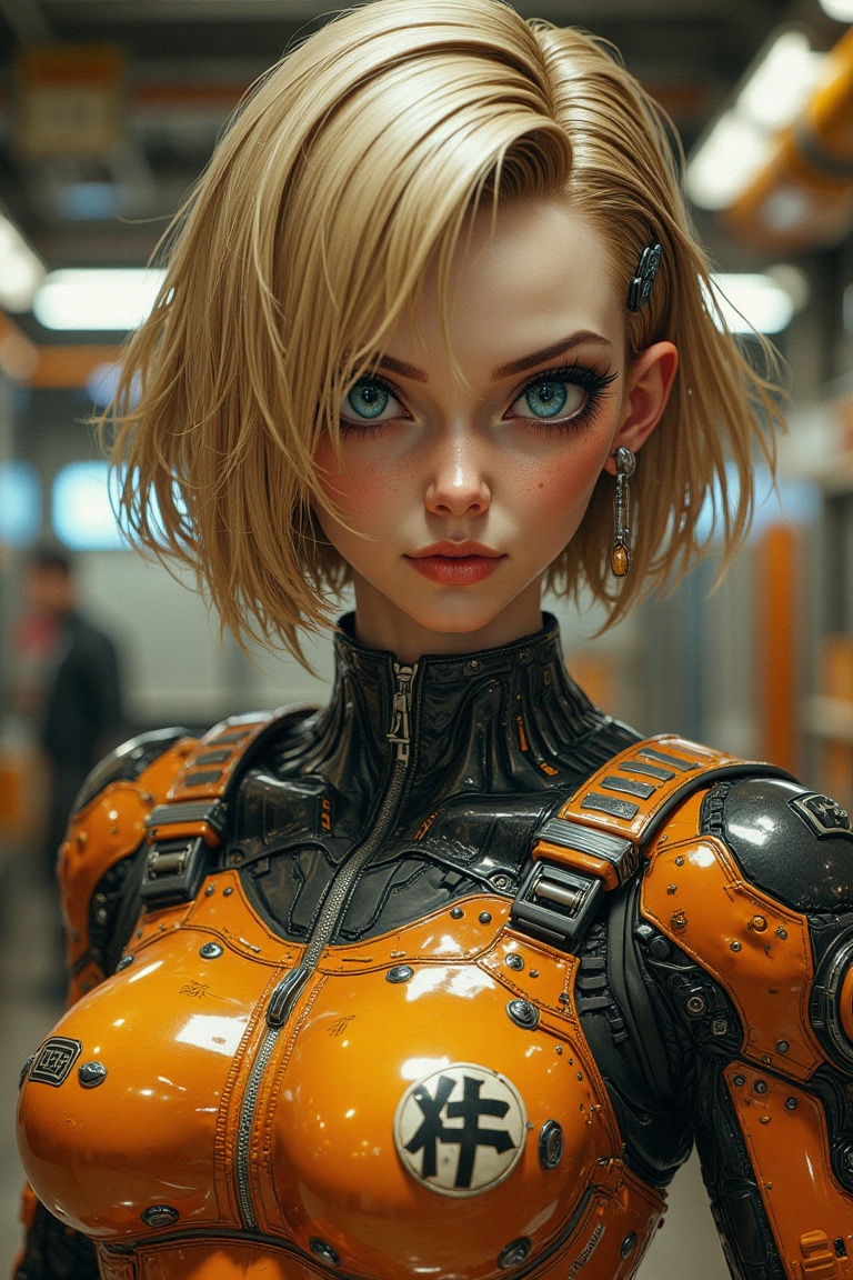 a female android with short blonde hair,  cyberpunk style outfit,  striking blue eyes on Tensor.Art