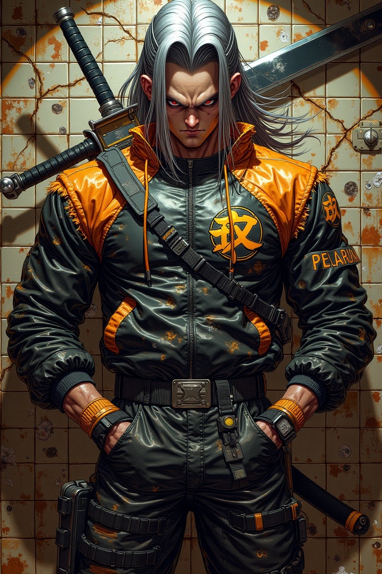 Trunks wearing a black-orange Parabelum bomber jacket with torn edges,  large sword strapped across his back,  long silver...