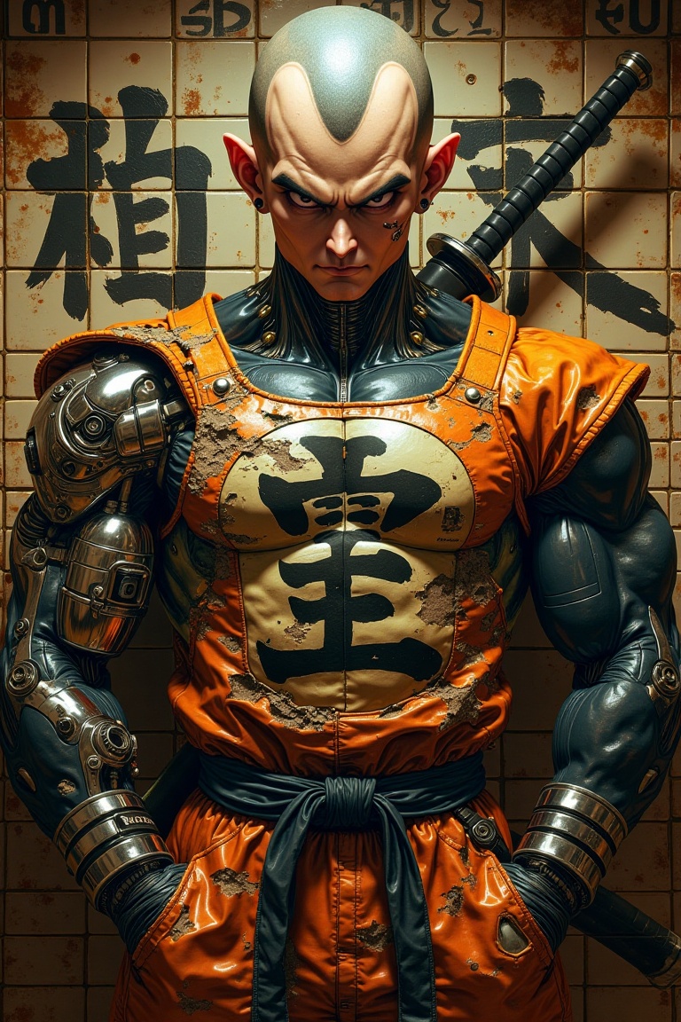 A highly detailed futuristic warrior inspired by Dragon Ball Z,  depicted in parabelum_style,  The character is bald with...
