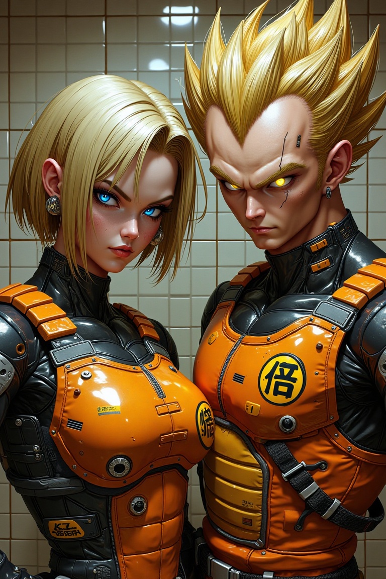 goku and a female android 18 with short blonde hair,  cyberpunk style outfit,  striking blue eyes on Tensor.Art