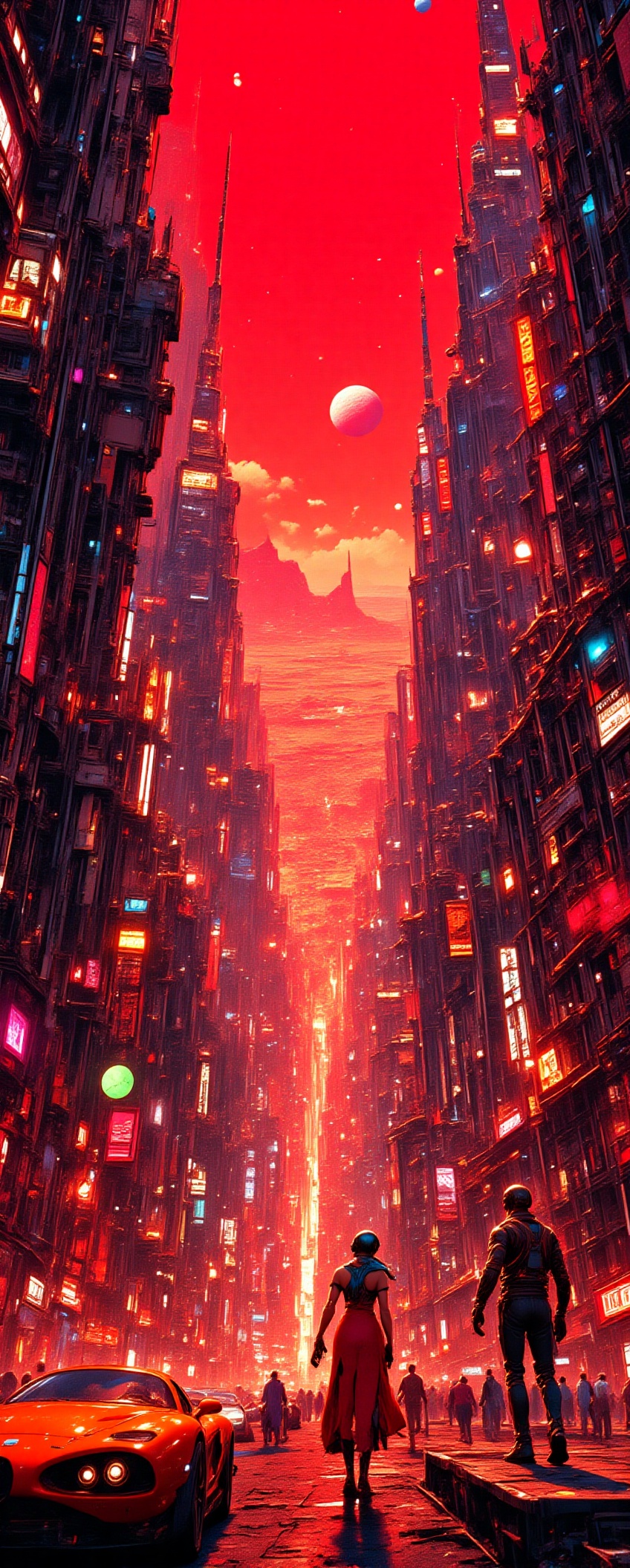 A retro-futuristic cityscape on Mars,  with neon-lit streets and sleek,  aerodynamic cars zipping by. Cyborgs in vibrant o...