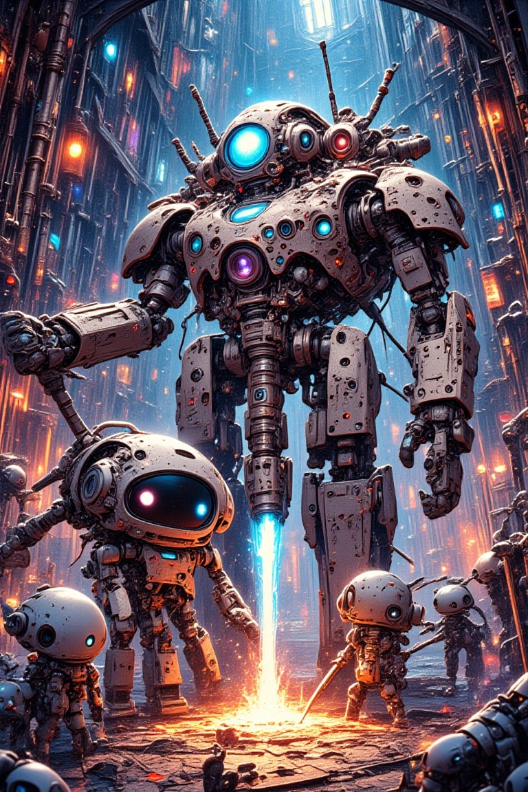 a team of cute chibi-style magical cleaning robots,  each with a unique function and personality,  working together underg...