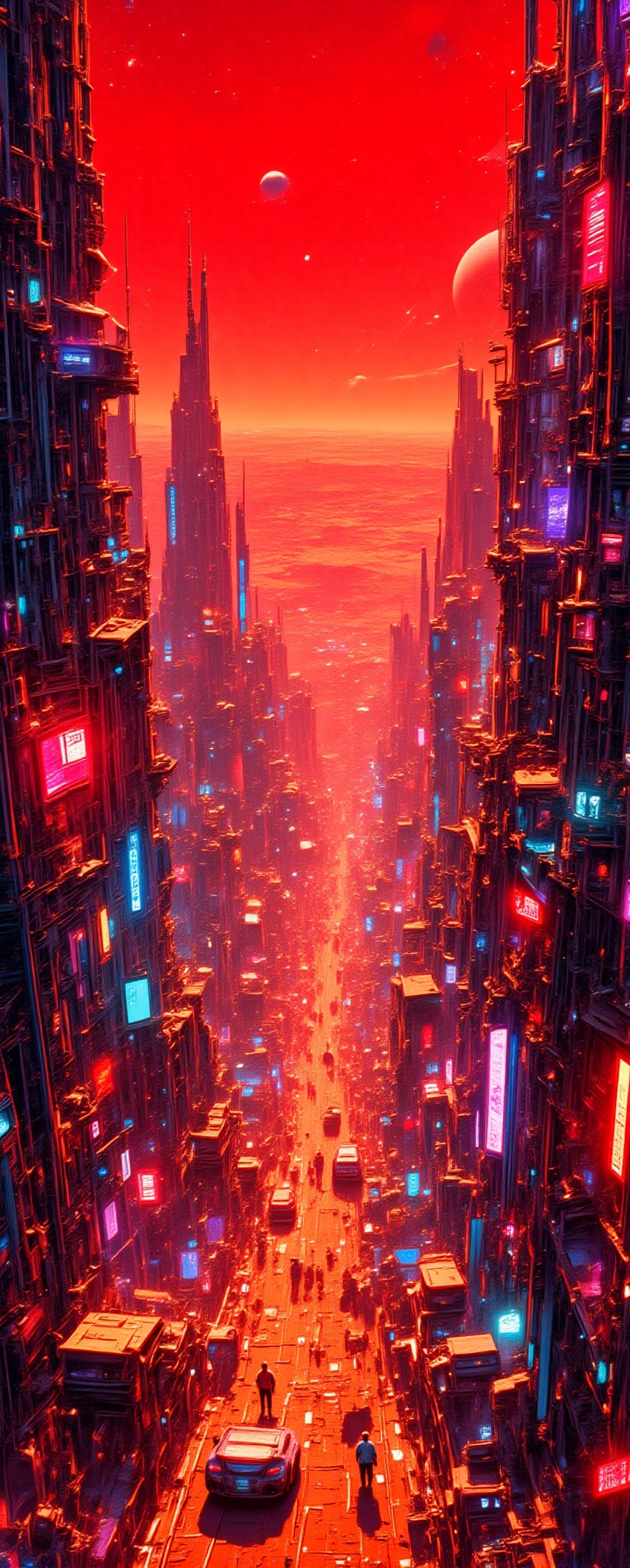 A retro-futuristic cityscape on Mars,  with neon-lit streets and sleek,  aerodynamic cars zipping by. Cyborgs in vibrant o...