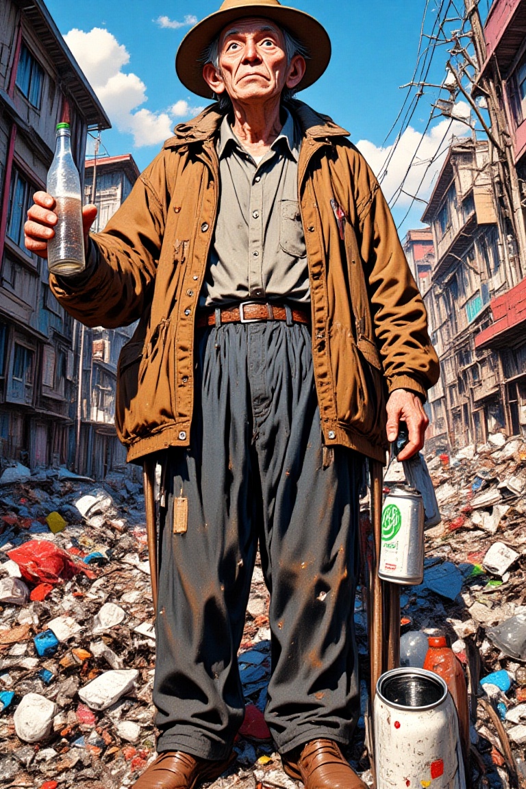 masterpiece、best image quality、highest resolution、A strange old man character who is puzzled with a glass bottle in his ri...