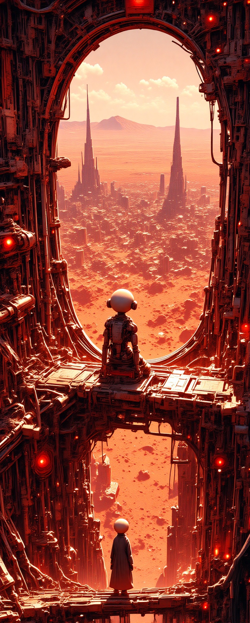 A spherical-faced figure stands in a mechanical city house on Mars. The house is glazed,  offering a panoramic view of the...