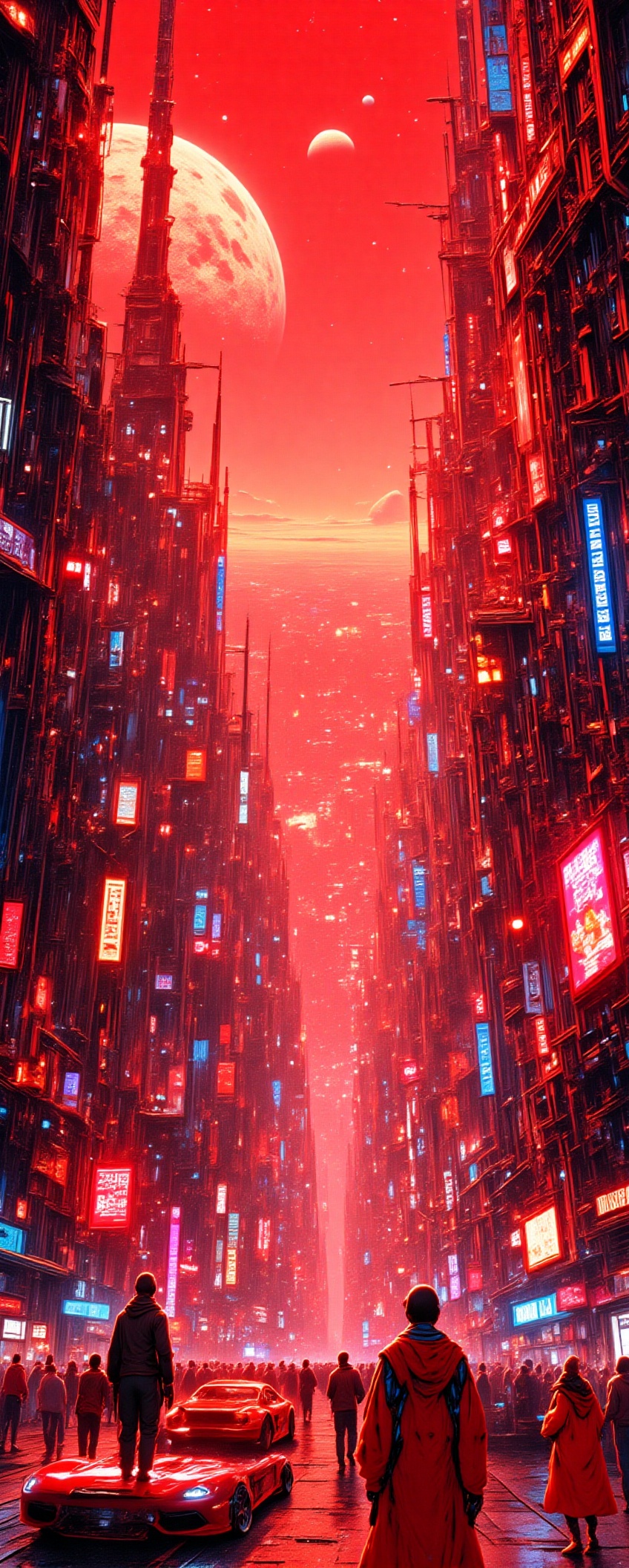 A retro-futuristic cityscape on Mars,  with neon-lit streets and sleek,  aerodynamic cars zipping by. Cyborgs in vibrant o...