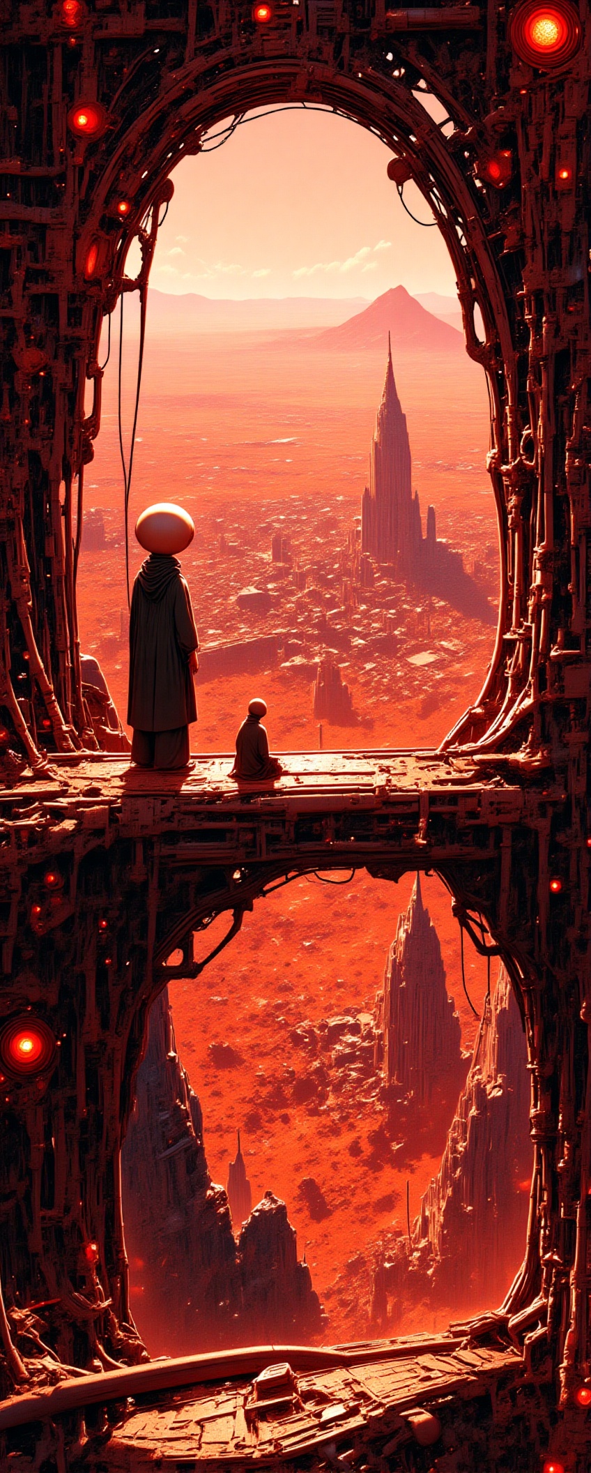 A spherical-faced figure stands in a mechanical city house on Mars. The house is glazed,  offering a panoramic view of the...