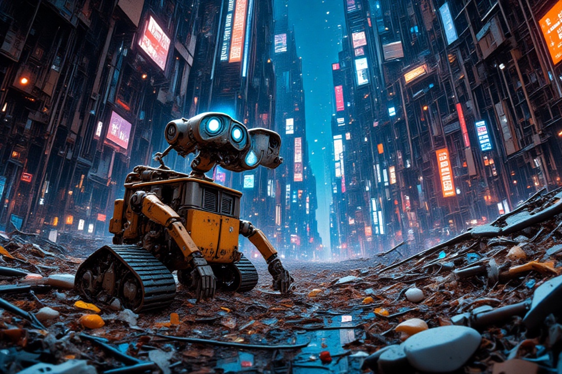 A close-up shot of Wall-E robot cleaning garbage in a futuristic city. The cityscape is a mix of towering,  abandoned mach...