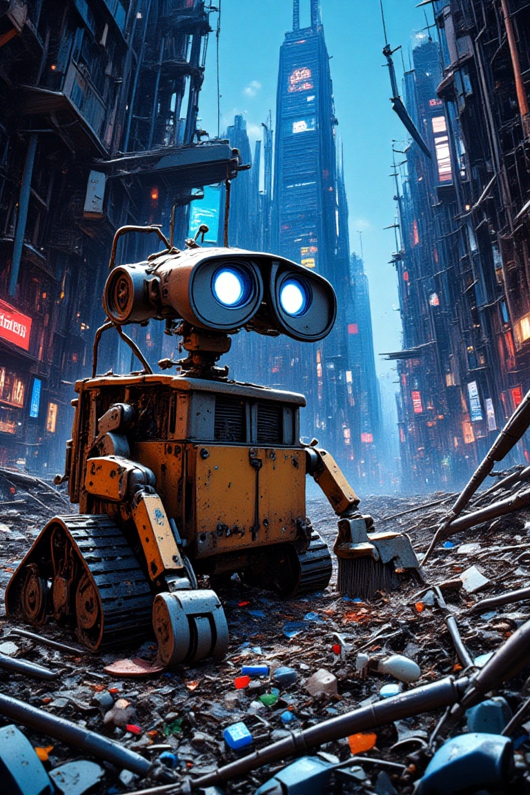 A close-up shot of Wall-E robot cleaning garbage in a futuristic city. The cityscape is a mix of towering,  abandoned mach...
