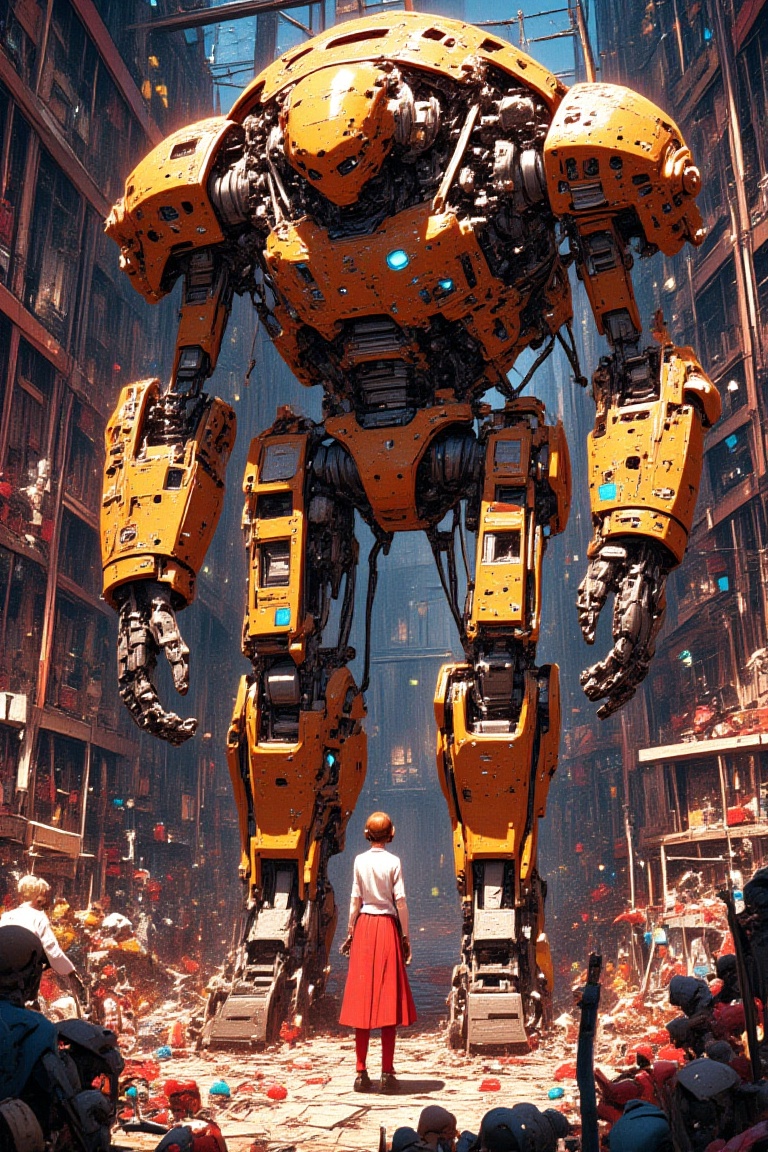 is a large,  broken bear robot without one arm in a room full of toys、The standing in front of him holding his arms 、 the...