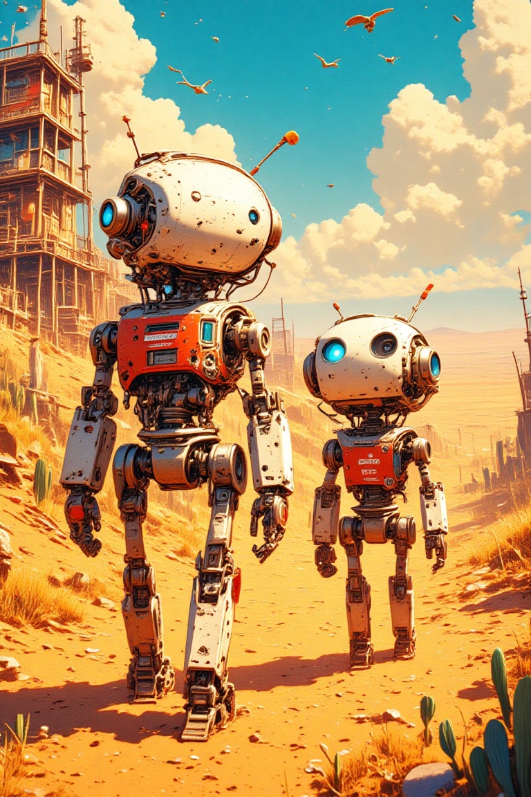 is a cute robot with animal motifs of two little characters that walk in the desert(One walking on two legs,  and the othe...