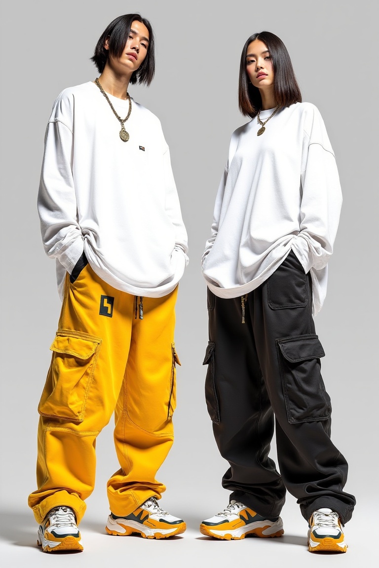 urban_mechawear,  male and female duo wearing yellow and black baggy pants,  oversized white streetwear shirts on Tensor.Art
