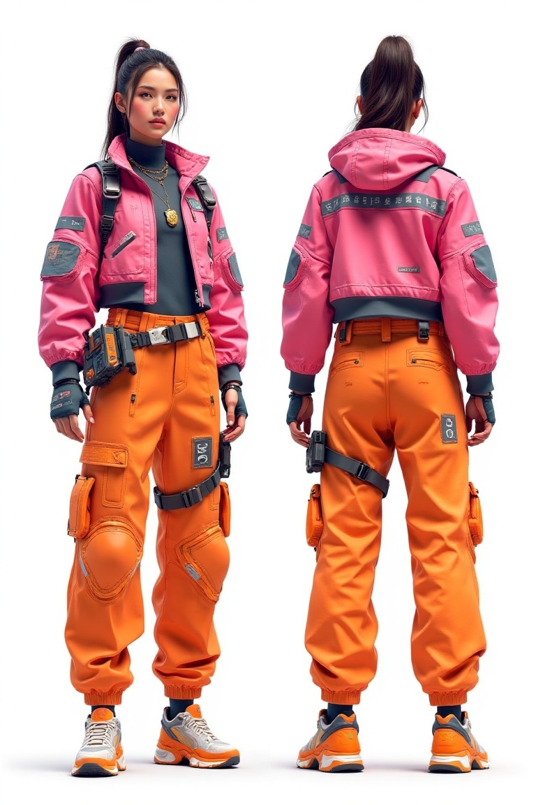 urban_mechawear,  female character in pink and orange tactical jacket,  baggy cargo pants on Tensor.Art