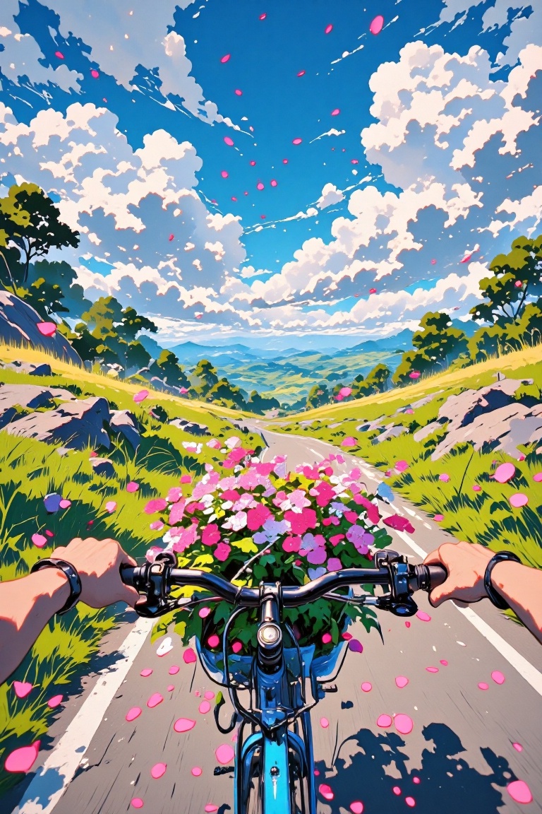 The image depicts a serene and picturesque scene of a cyclist riding down a winding road surrounded by lush greenery and v...